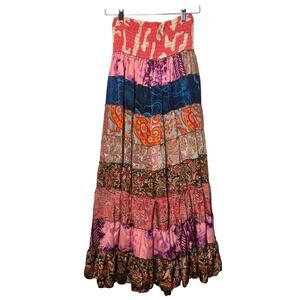 Recycled Silk Blend Floral Patchwork Tiered Ruffle Skirt Free Sz Gypsy Boho